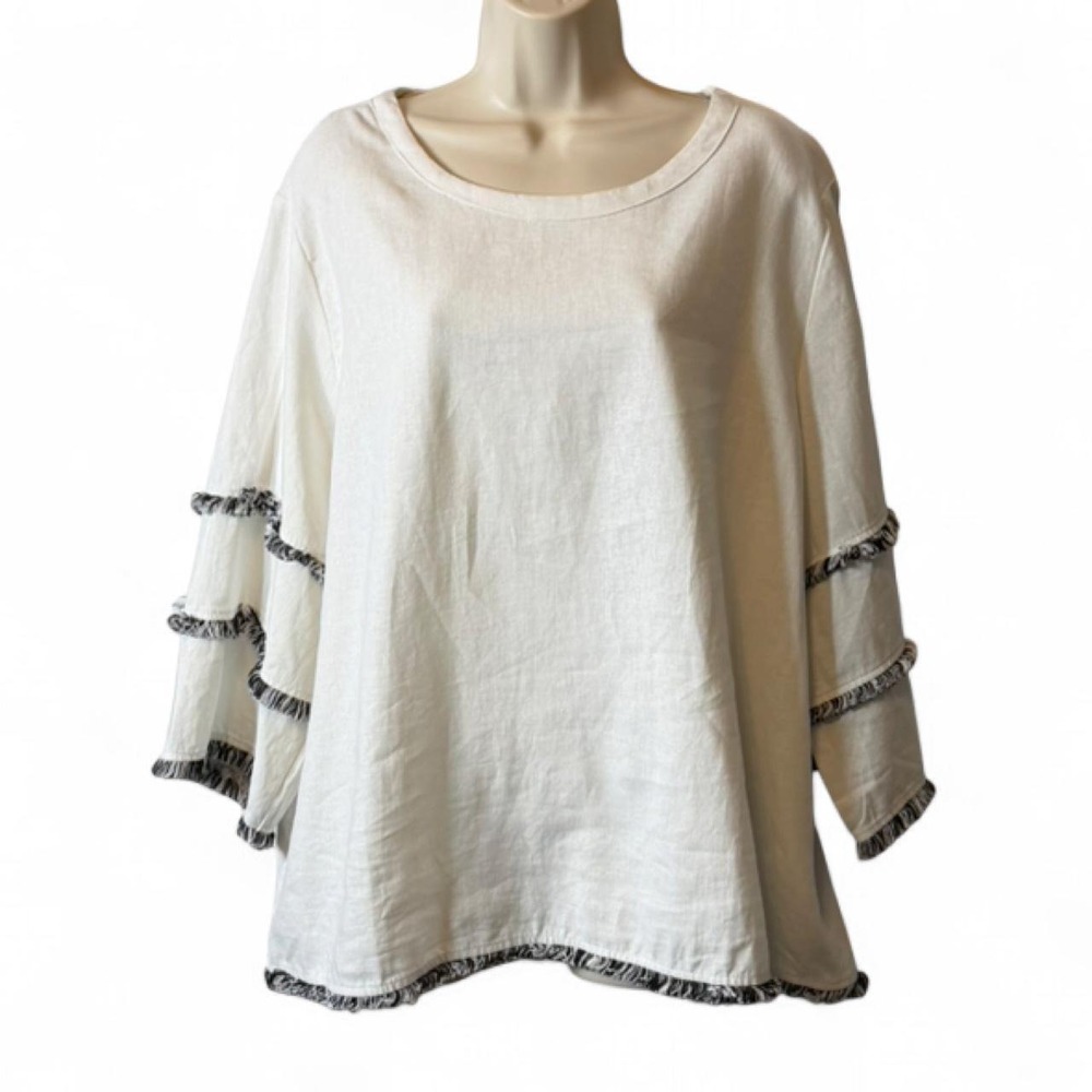 Cynthia Rowley White Linen Blend Tiered Fringe Bell Sleeve Top, Women's Size 1X